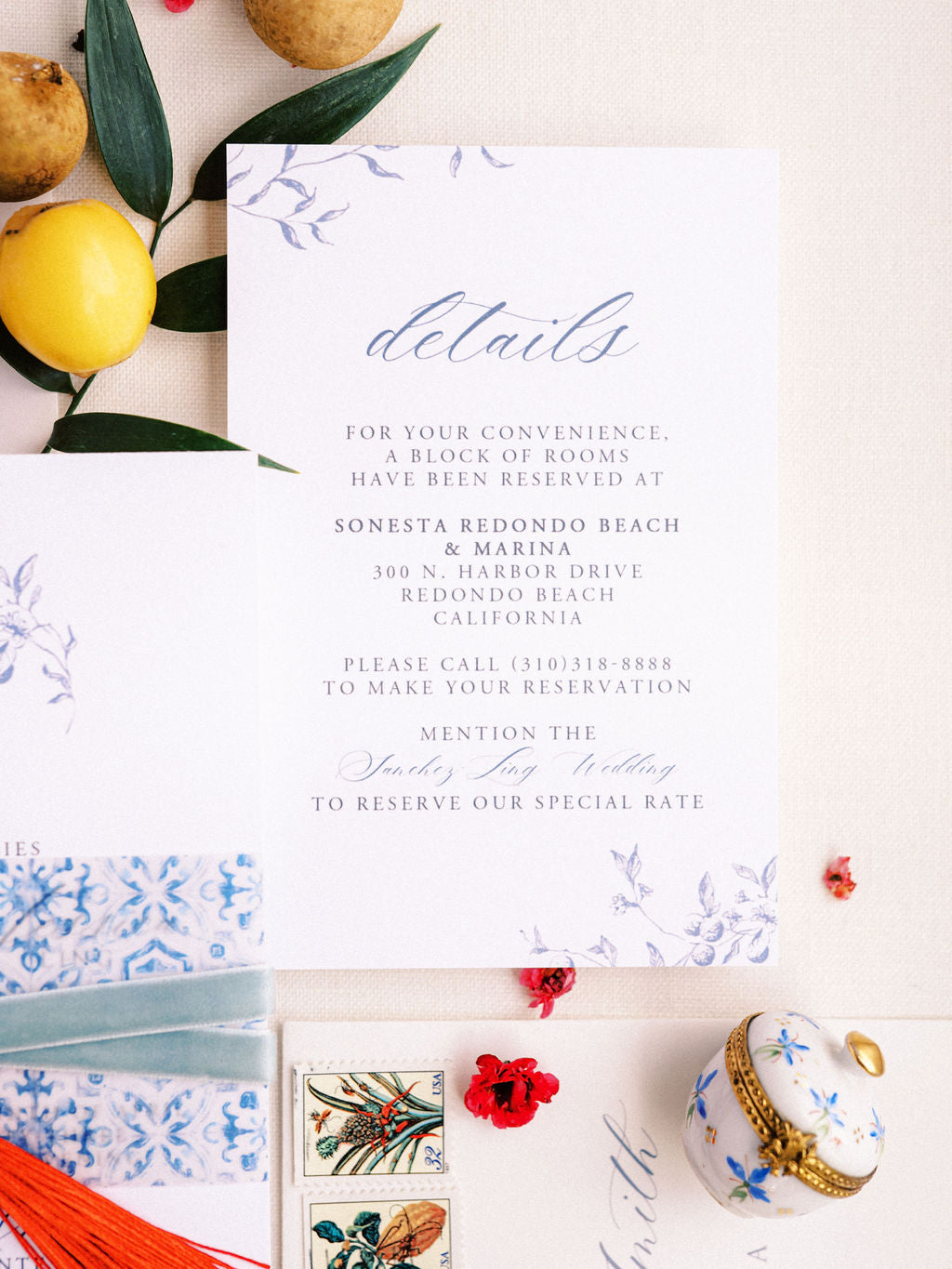 Blue Leaves Wedding Invitation and Signage Suite with Red Double Happiness - Canva Digital Template Bundle