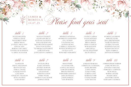 Hummingbird Florals Wedding Seating Chart - Canva Digital Template