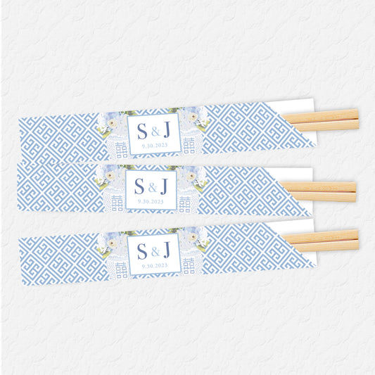 Chinoiserie Blue Floral Vase with Double Happiness Asian Chopstick Sleeves