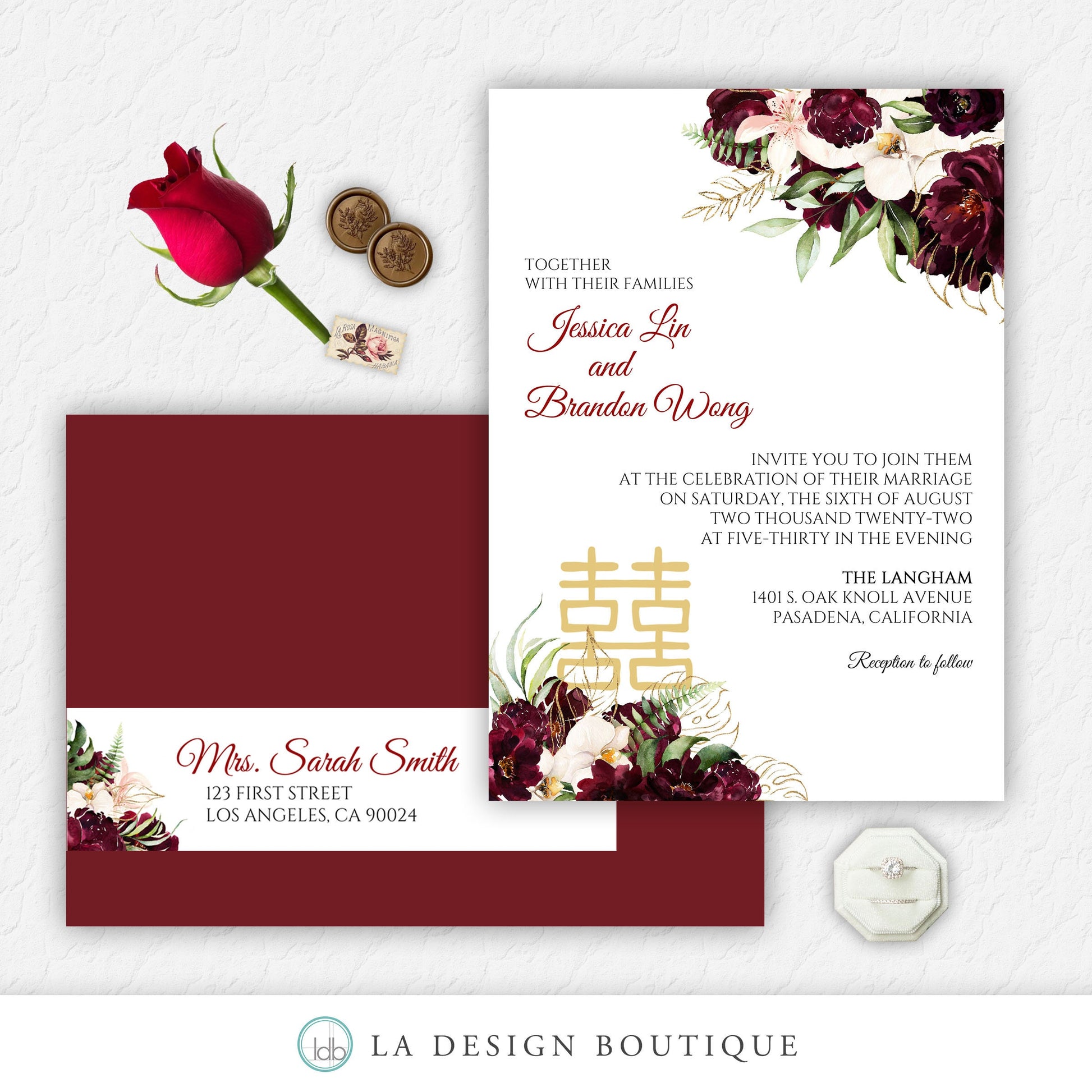 Chinese Wedding Invitation, Romantic Wedding Invitation, Asian Wedding Invitation, Burgundy, Blush, Floral, Tropical, Double Happiness, Tea