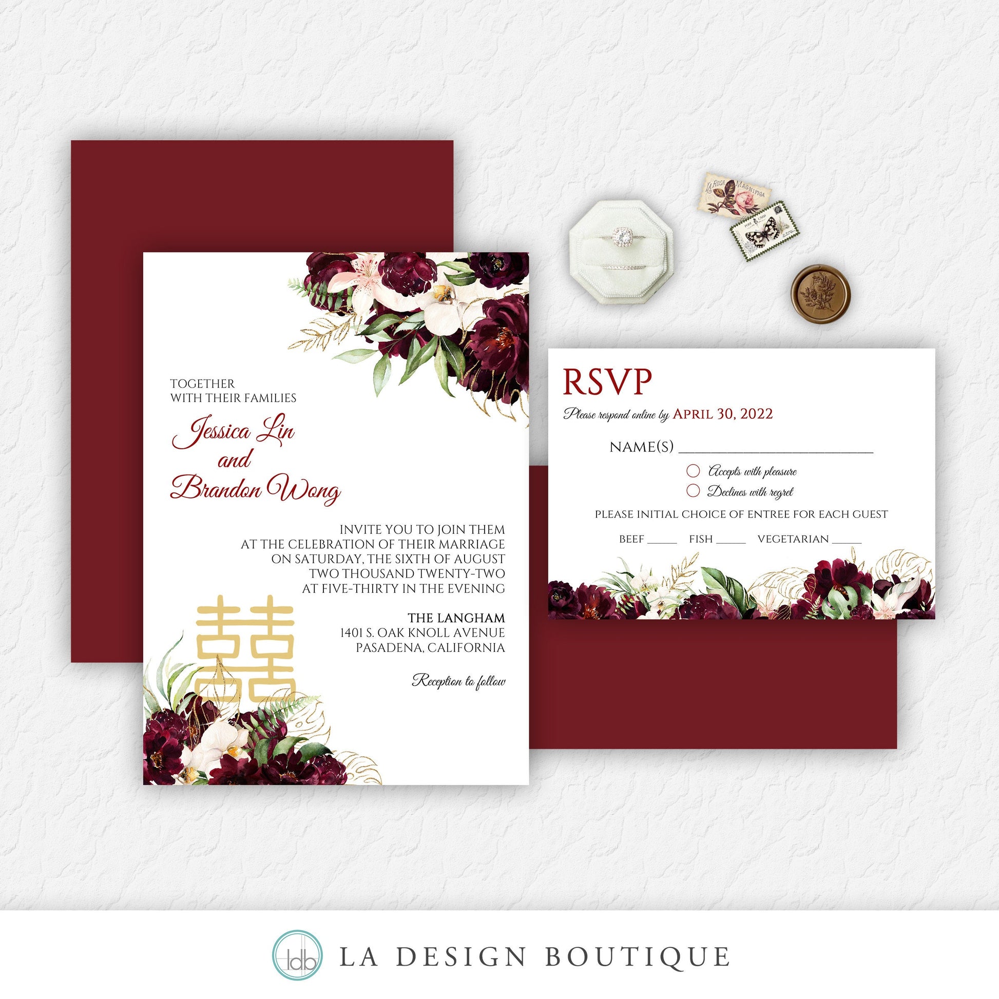 Chinese Wedding Invitation, Romantic Wedding Invitation, Asian Wedding Invitation, Burgundy, Blush, Floral, Tropical, Double Happiness, Tea
