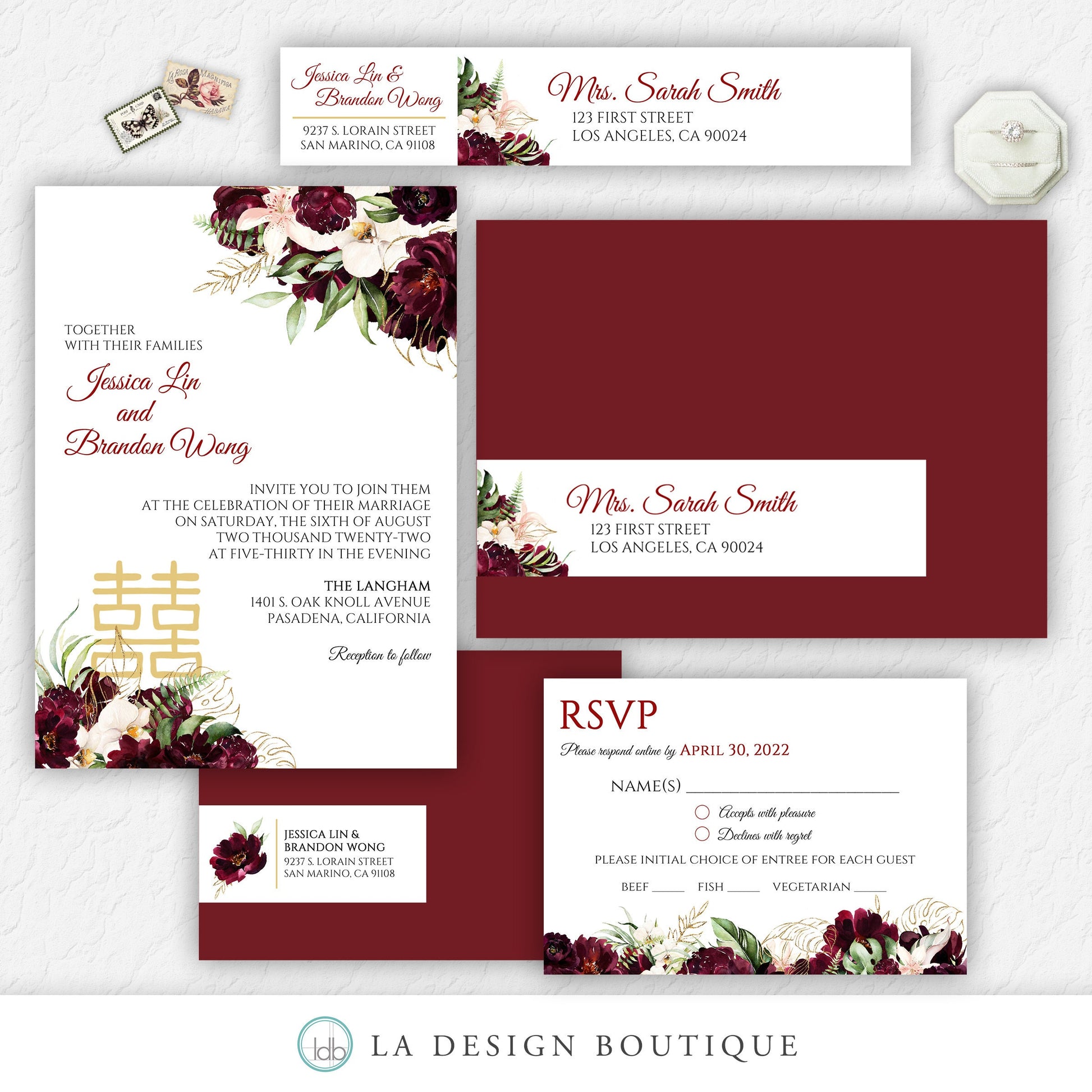 Chinese Wedding Invitation, Romantic Wedding Invitation, Asian Wedding Invitation, Burgundy, Blush, Floral, Tropical, Double Happiness, Tea