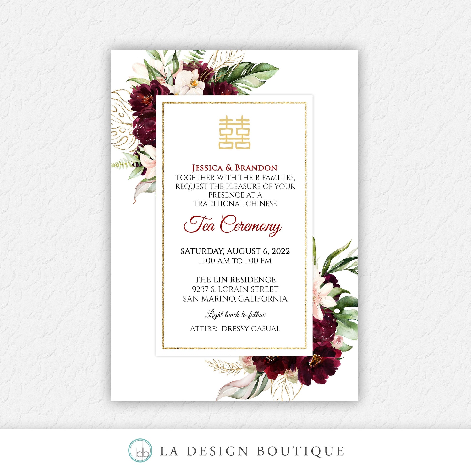 Chinese Wedding Invitation, Romantic Wedding Invitation, Asian Wedding Invitation, Burgundy, Blush, Floral, Tropical, Double Happiness, Tea