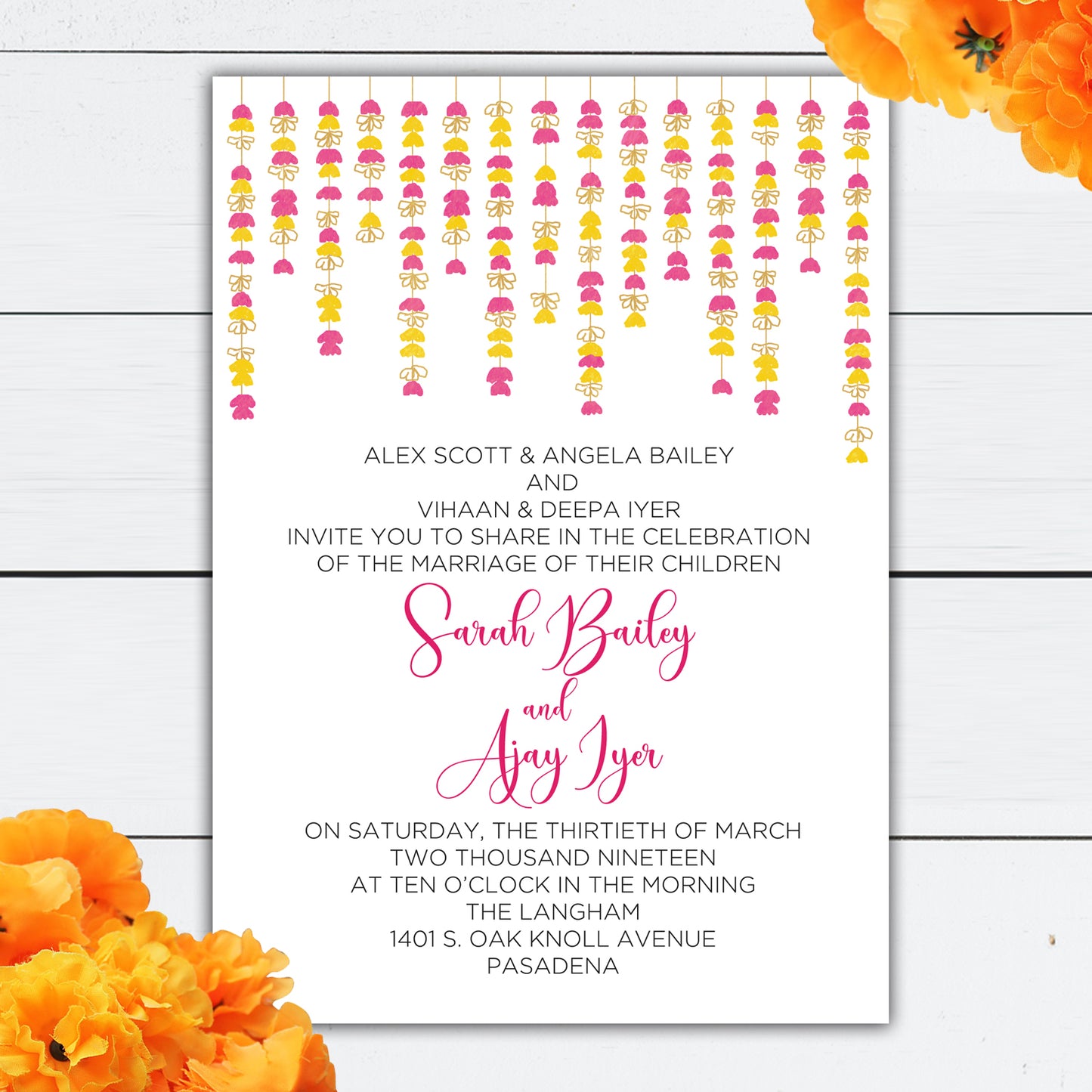 Hanging Marigolds Indian Hindu Cultural Wedding Invitation