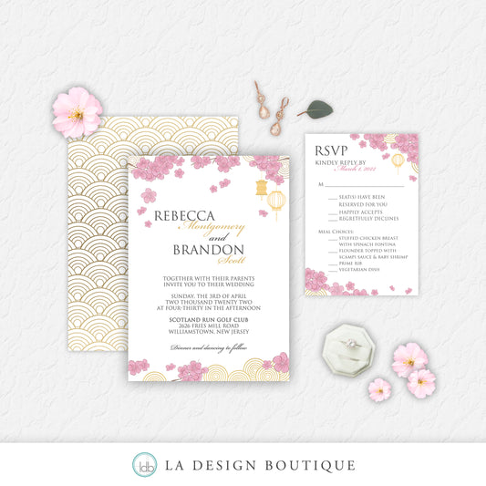 Pink Cherry Blossom Asian Wedding Invitation Suite