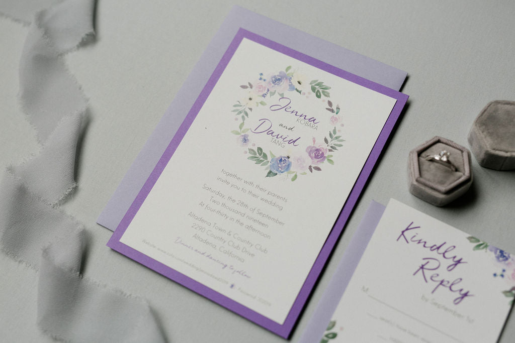 Lavender Purple Floral Wreath Wedding Invitation Suite