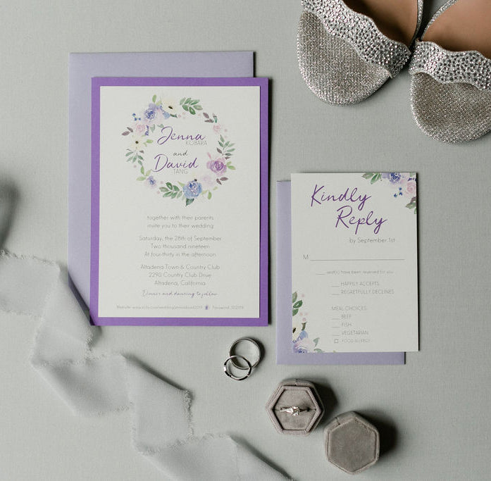 Lavender Purple Floral Wreath Wedding Invitation Suite