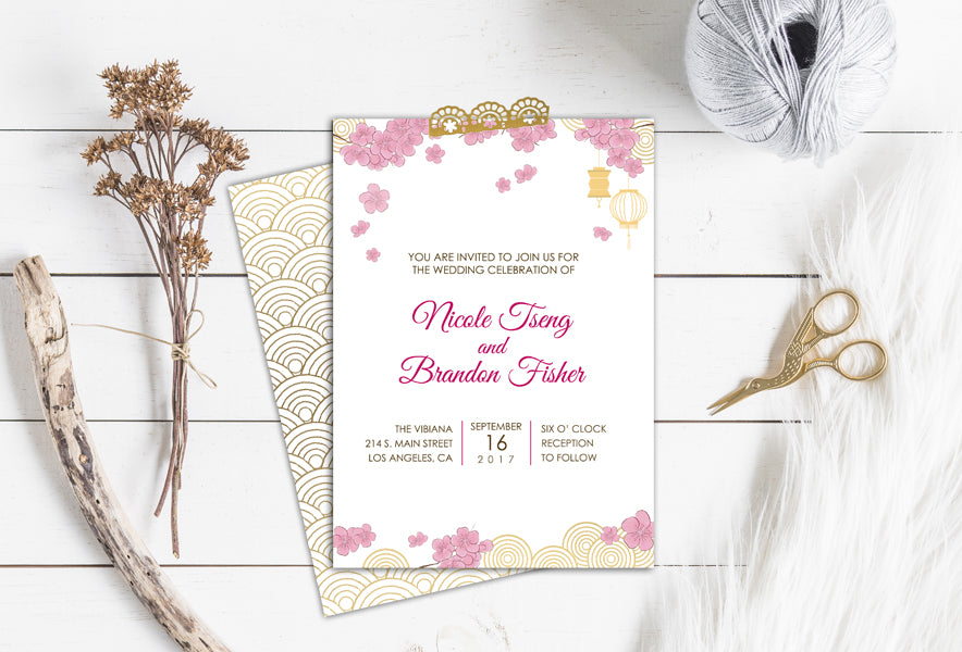Pink Cherry Blossom Asian Wedding Invitation Suite