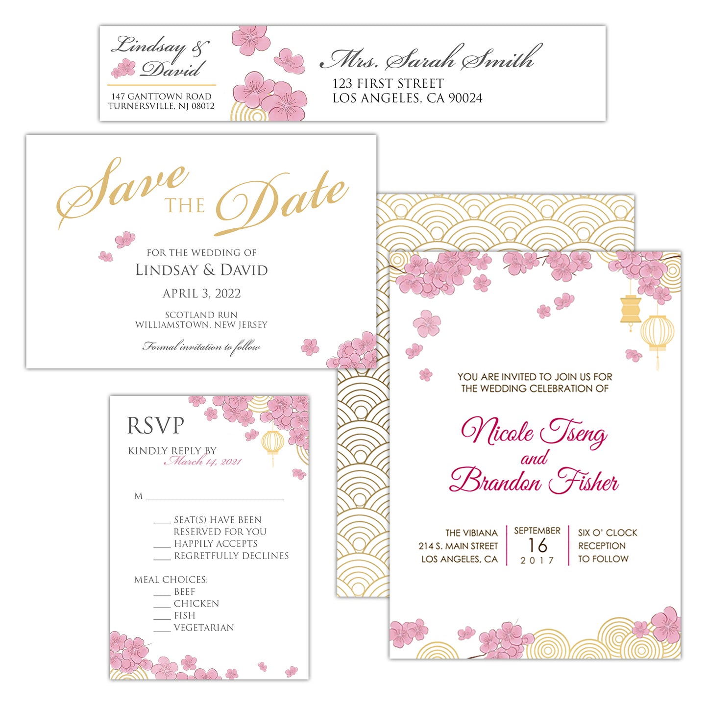 Pink Cherry Blossom Asian Wedding Invitation Suite