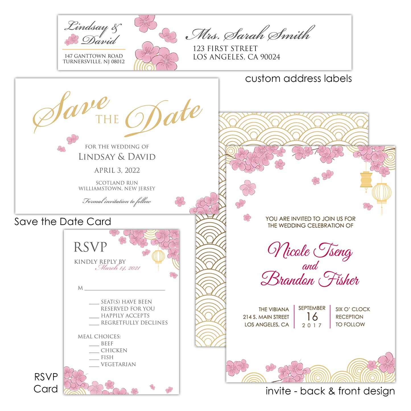 Pink Cherry Blossom Asian Wedding Invitation Suite