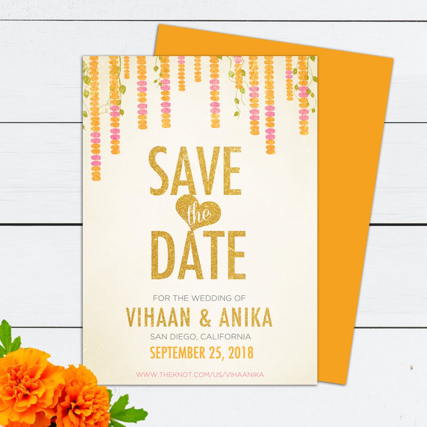 Hanging Marigolds Indian Hindu Cultural Wedding Invitation