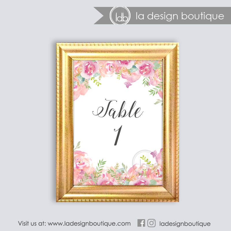 Watercolor Floral Pink Table Number Cards