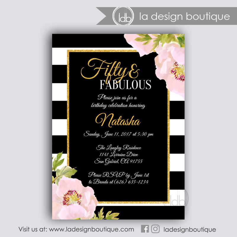50 and Fabulous Black and Gold Birthday Invitation