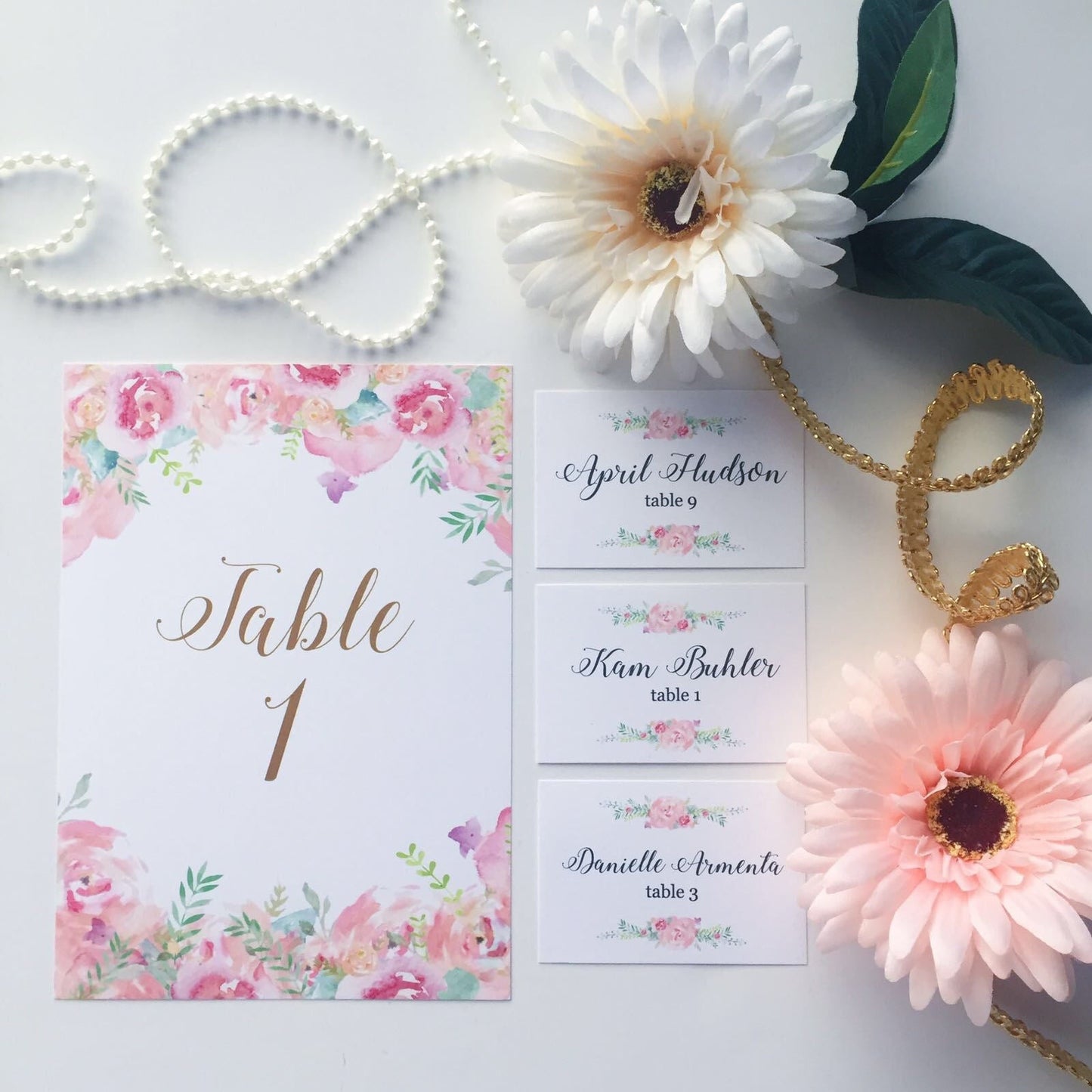 Watercolor Floral Pink Table Number Cards