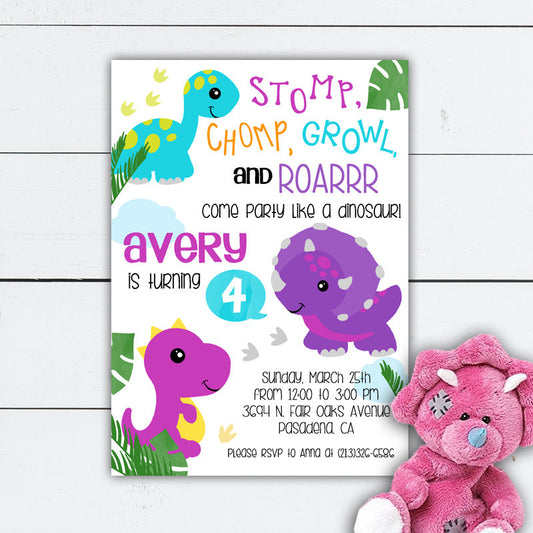 Girl Dinosaur Birthday Invitation