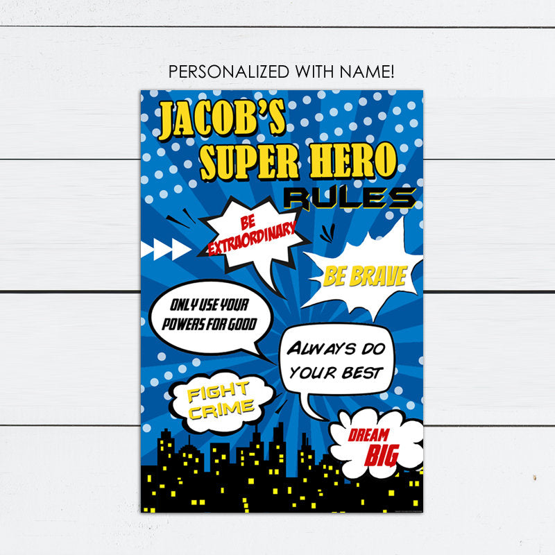 personalized super hero rules bedroom wall art