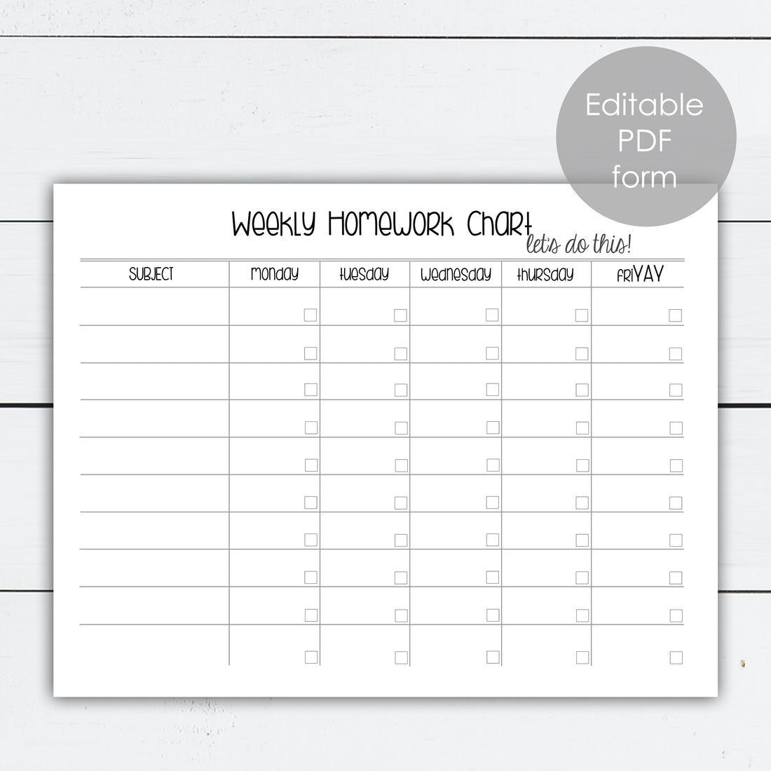 Editable Weekly Homework Chart Template – La Design Boutique