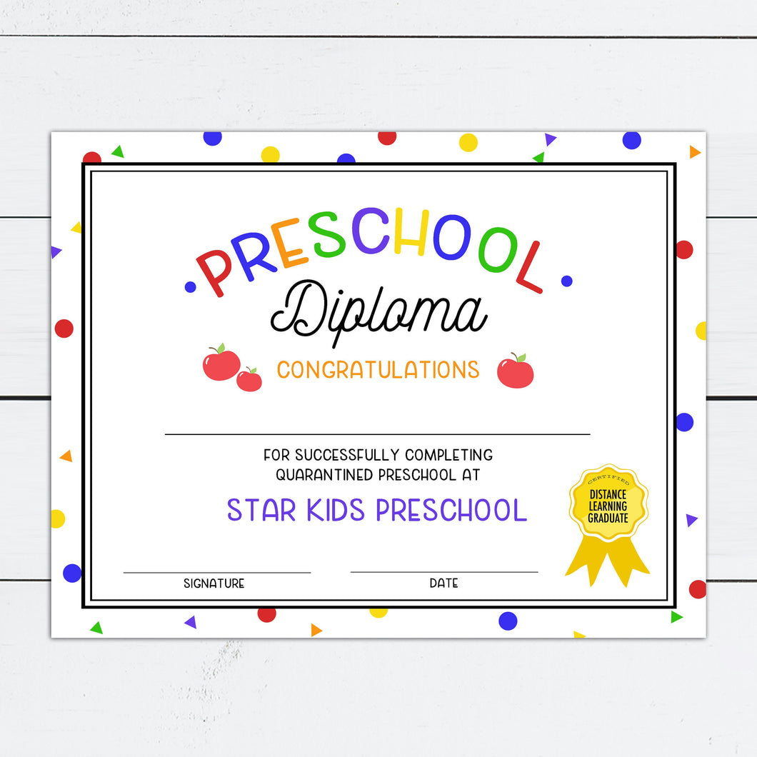 Preschool Kindergarten Graduation Diploma with Distance Learning