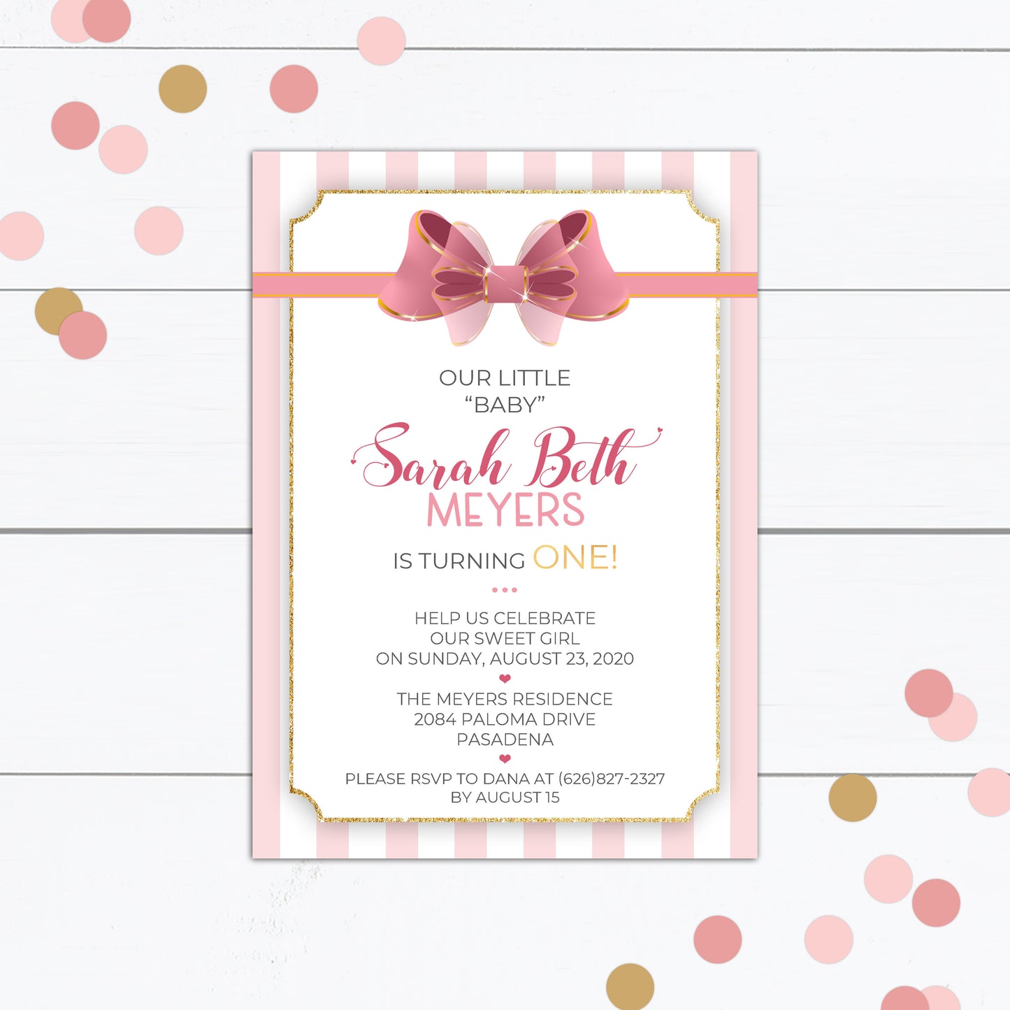 1st Birthday Girl Invitation with Pink Bow