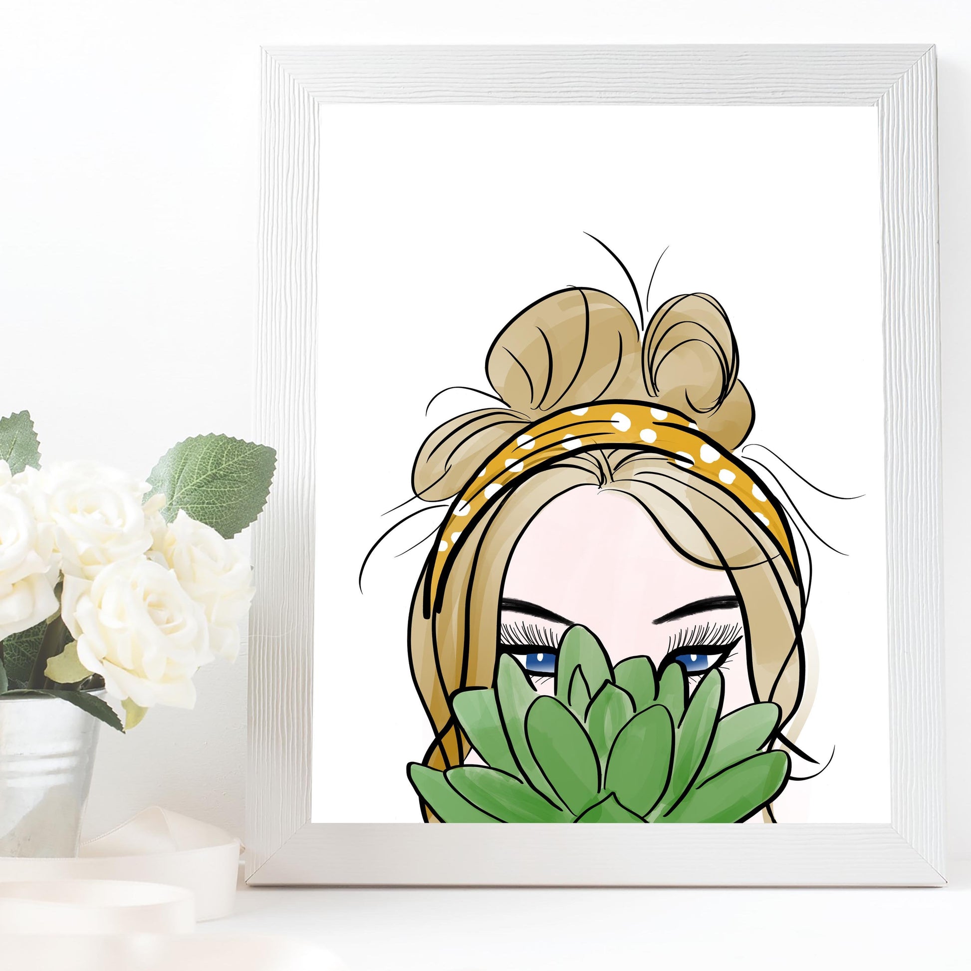 the succulent lady Art Illustration of Girl with Succulent and Messy Bun Plant Lovers – La Design Boutique