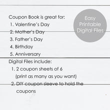 Load image into Gallery viewer, Coupon Book, Coupon Book Printable, Coupon Cards, Love Coupons, Valentines Day, Valentines Day Coupons, Anniversary, First Anniversary

