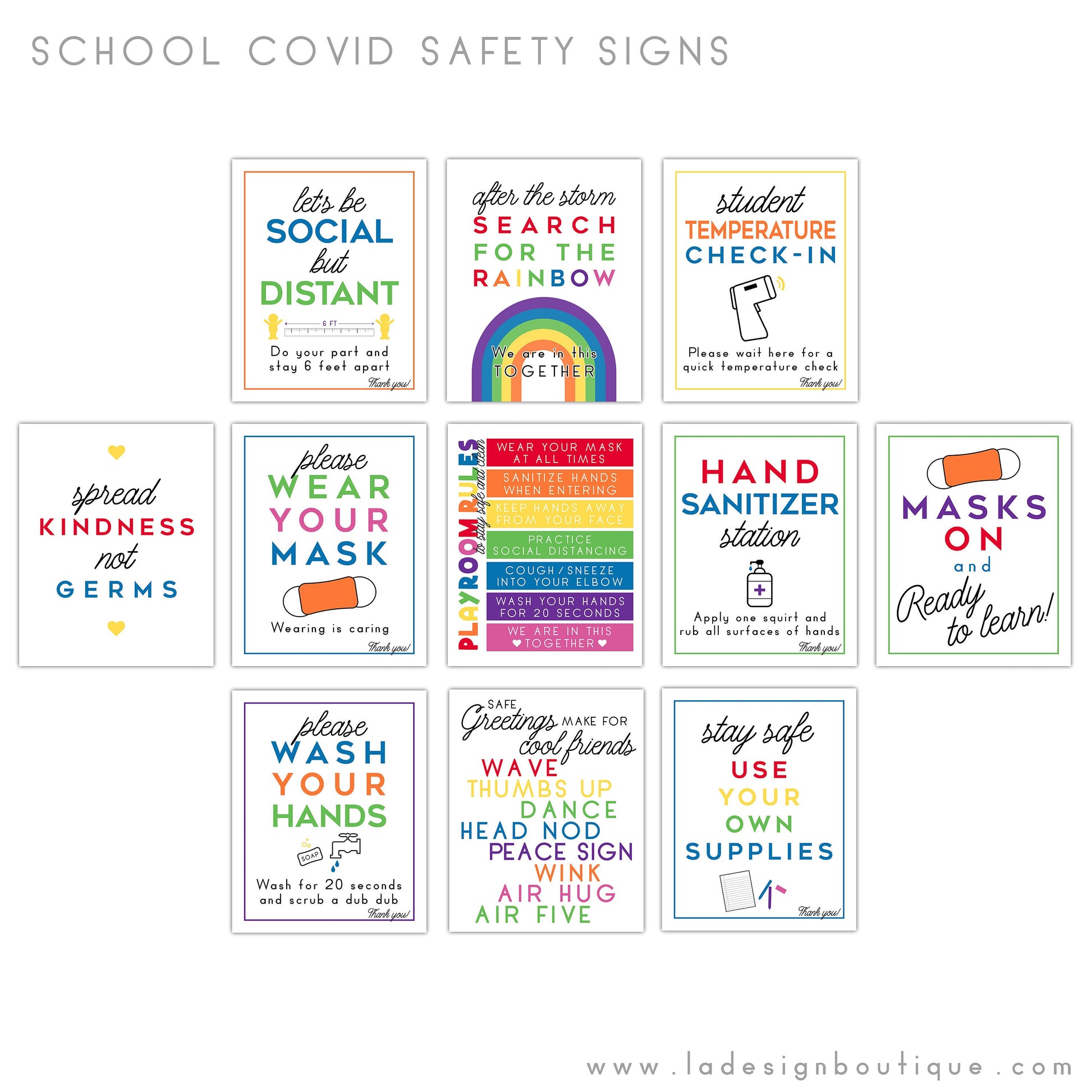 School Signs for Covid Health Safety, Health Safety Signs, Classroom Signs, Wear a Mask, Social Distancing, Wash Your Hands, Sanitize Signs