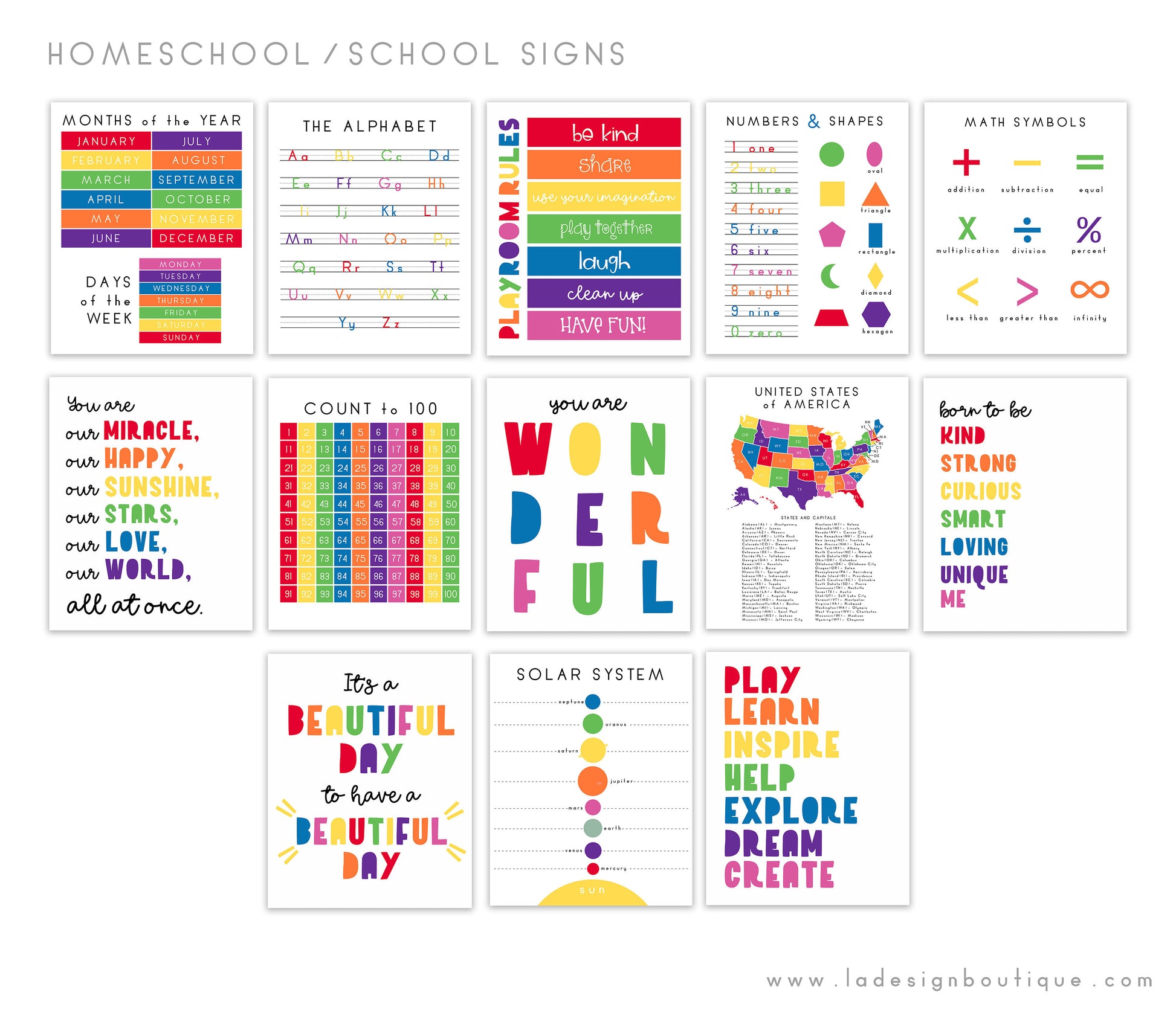 Homeschool Posters, Playroom Rules, Educational Prints, Preschool Signs, Classroom Signs, US Map, Alphabet, Solar System, Math, Numbers