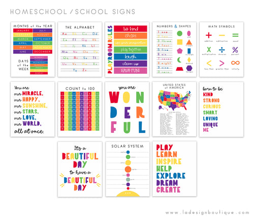 Homeschool Posters, Playroom Rules, Educational Prints, Preschool Signs, Classroom Signs, US Map, Alphabet, Solar System, Math, Numbers