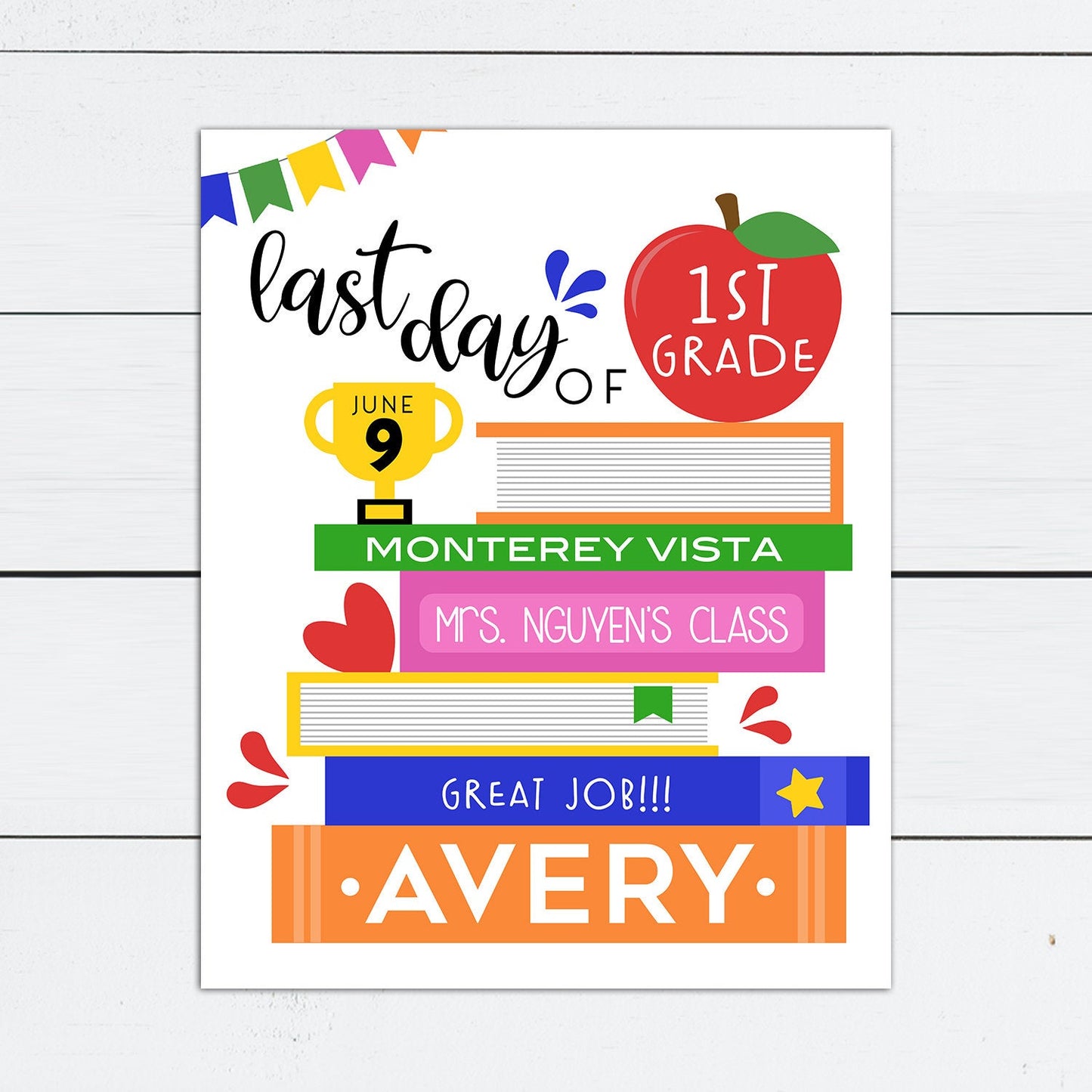 Last Day of School Sign, Last Day of School Printable, First Day, Back to School, Milestone, Books, Kindergarten, Preschool, Personalized