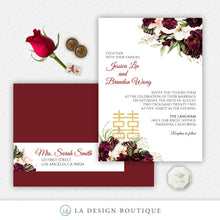 Load image into Gallery viewer, Chinese Wedding Invitation, Romantic Wedding Invitation, Asian Wedding Invitation, Burgundy, Blush, Floral, Tropical, Double Happiness, Tea
