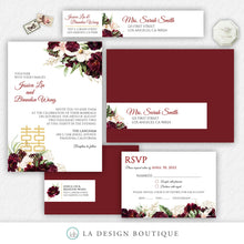 Load image into Gallery viewer, Chinese Wedding Invitation, Romantic Wedding Invitation, Asian Wedding Invitation, Burgundy, Blush, Floral, Tropical, Double Happiness, Tea

