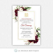 Load image into Gallery viewer, Chinese Wedding Invitation, Romantic Wedding Invitation, Asian Wedding Invitation, Burgundy, Blush, Floral, Tropical, Double Happiness, Tea
