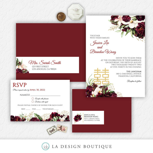 Chinese Wedding Invitation, Romantic Wedding Invitation, Asian Wedding Invitation, Burgundy, Blush, Floral, Tropical, Double Happiness, Tea